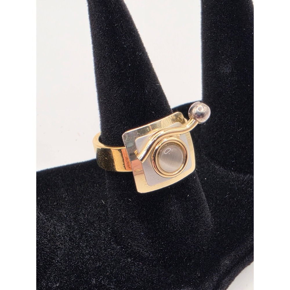 Christopher Poly Modernist Mixed Metal Geometric Ring Gray Cabochon Size 5.75